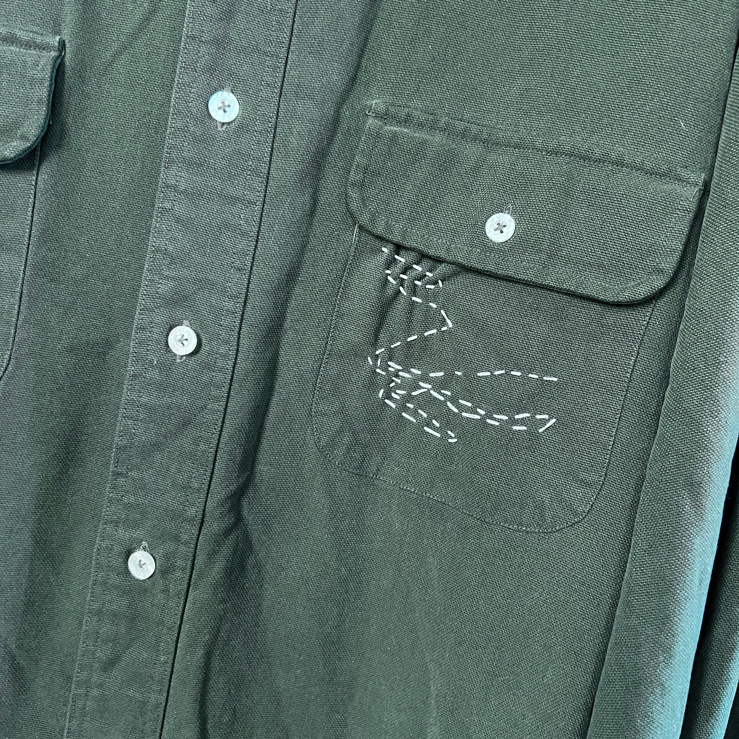 Pine Green Button-down with Anatomical Heart + Geometric embroidery stitching