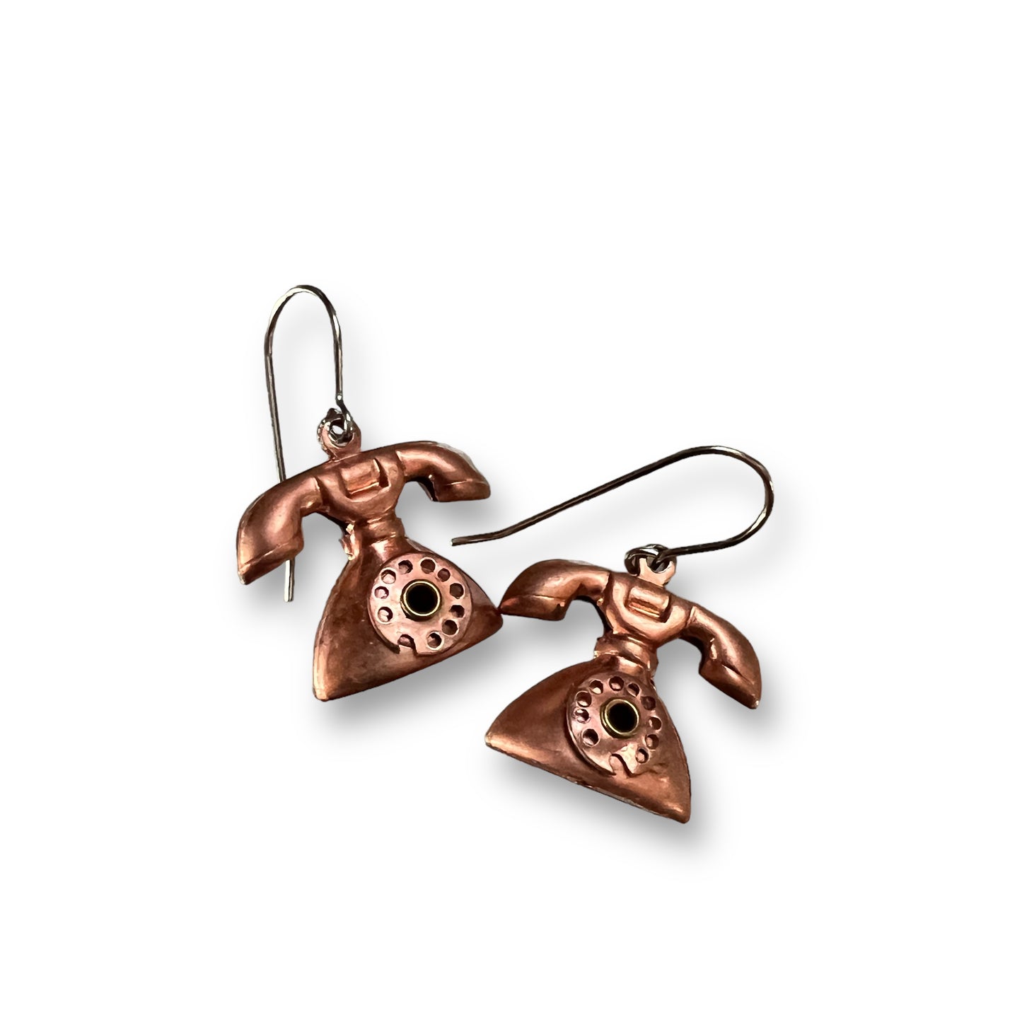 Telephone earrings with articulated, moving dials