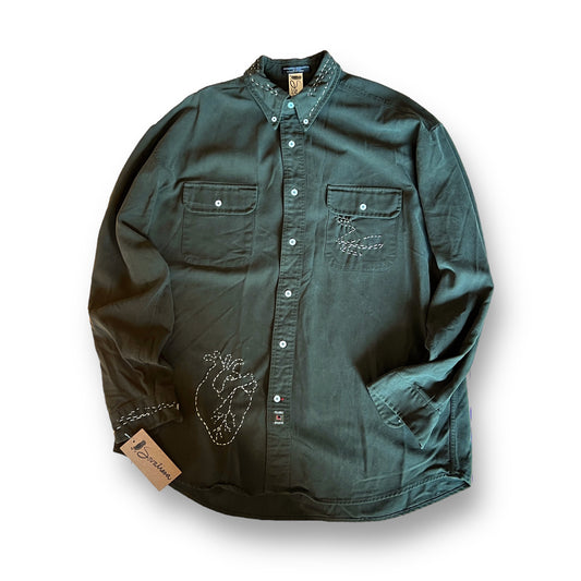 Pine Green Button-down with Anatomical Heart + Geometric embroidery stitching