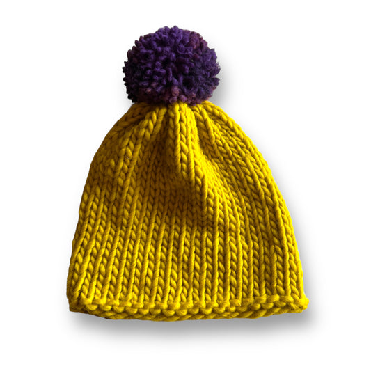 Chartreuse wool hat with purple wool pom