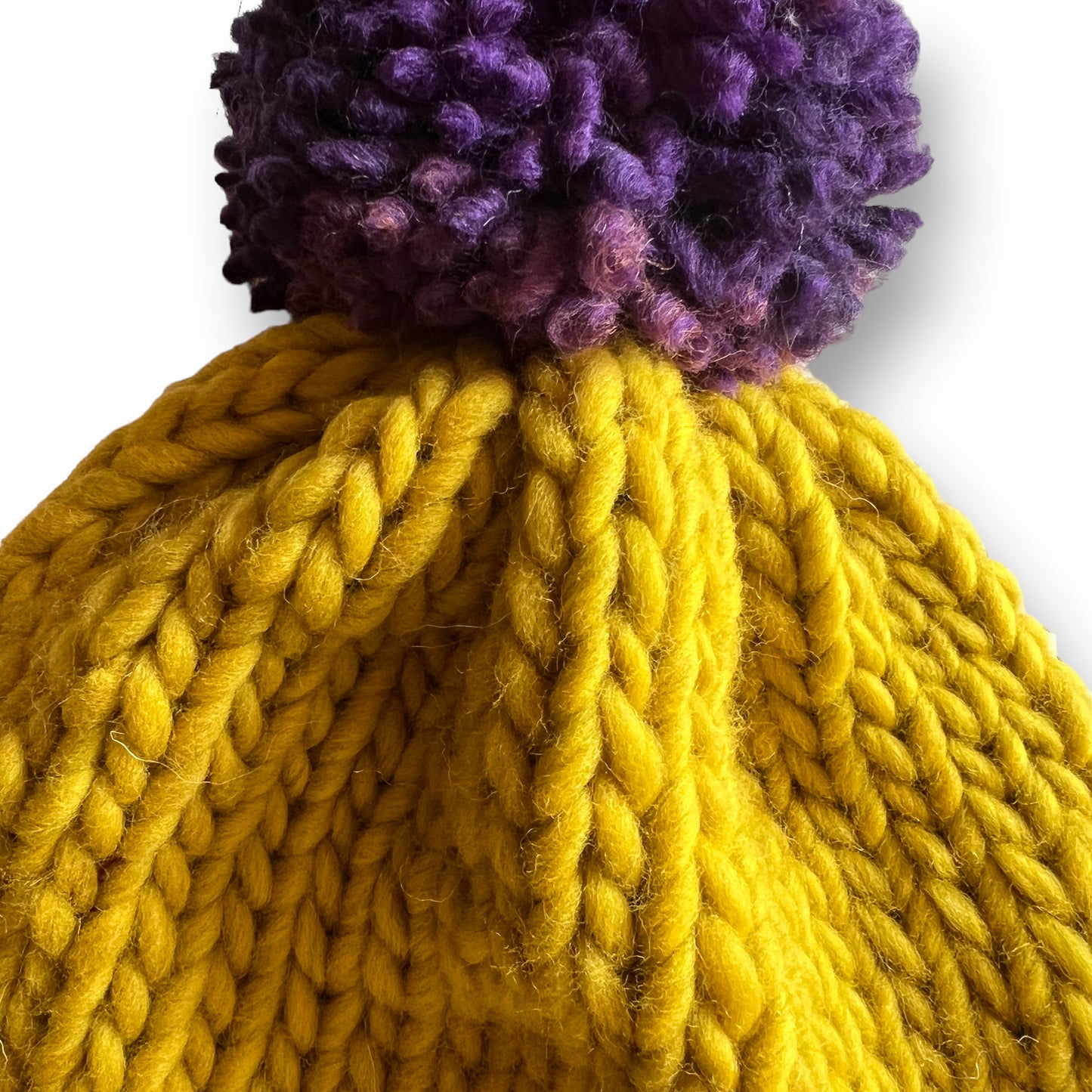 Chartreuse wool hat with purple wool pom